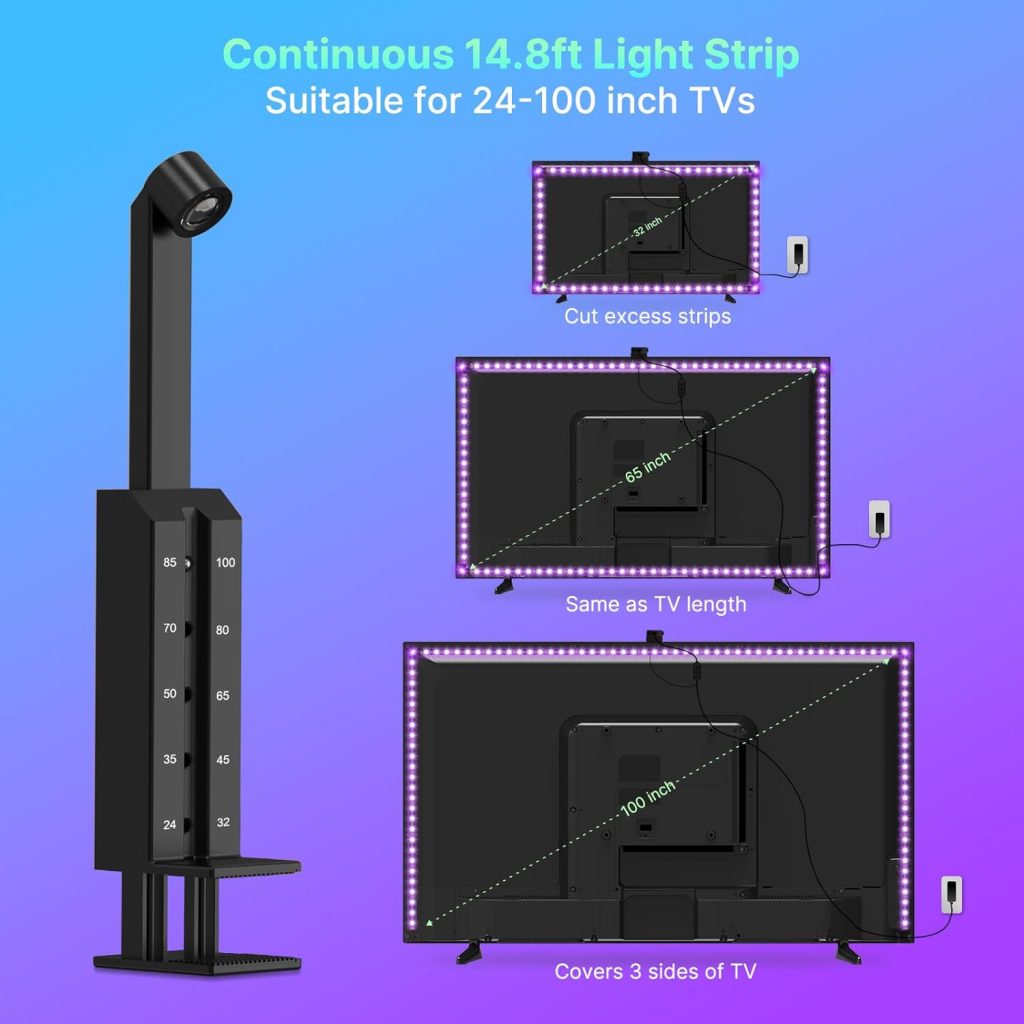 TV LED Lights That Change Sync with TV Picture TV Backlight Sync to Screen Immersive LED TV Light with AR Sensor Camera Music Sync App Control RGB Smart LED Light Strip for TV PC 24-100 65inch 14.8FT