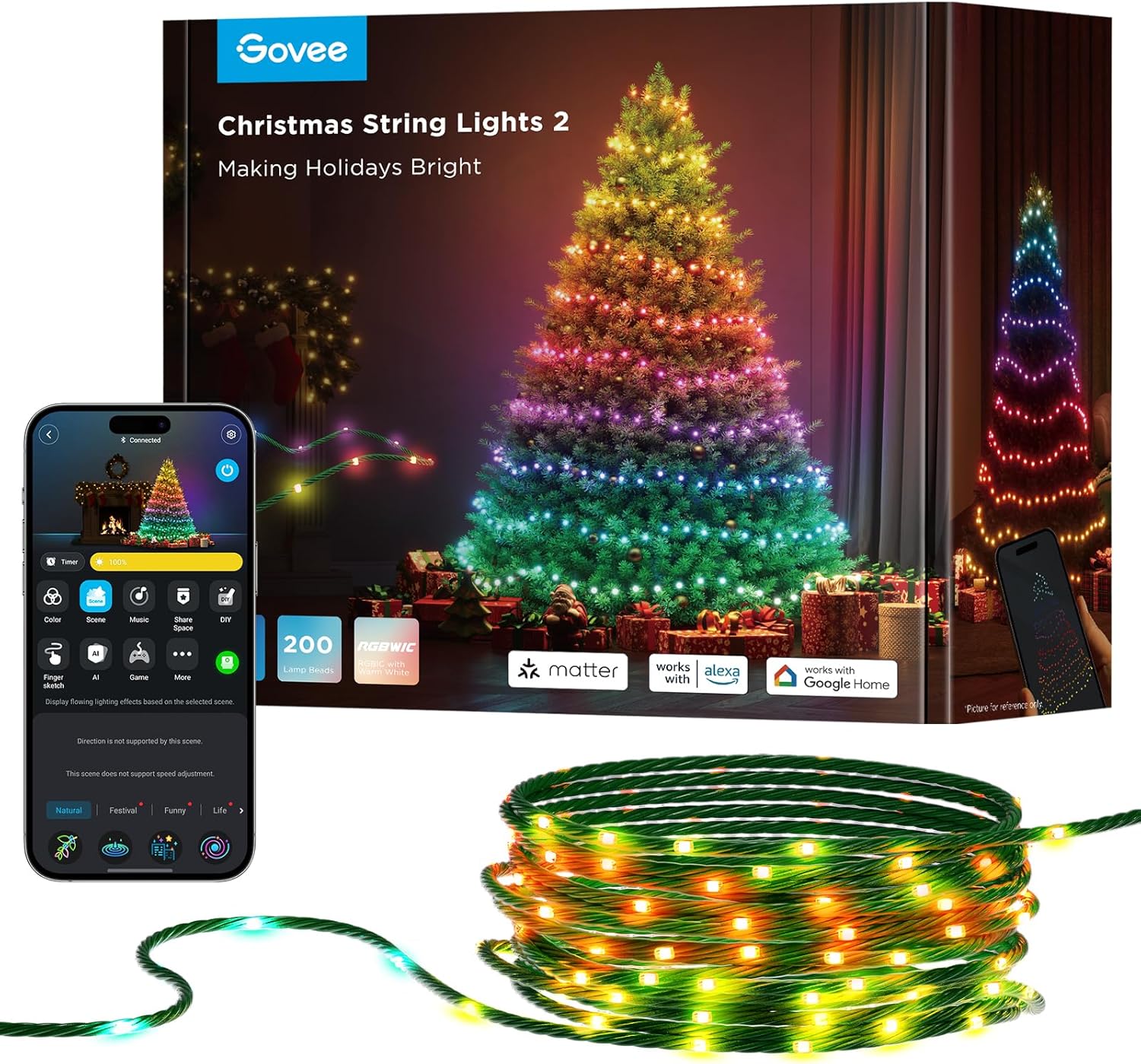 Govee Christmas Lights 2, 99FT 300LEDs RGBWIC Christmas Tree Lights with Shape Mapping Function, Smart Holiday String Lights for Christmas Decor, 130+ Preset Scenes, Voice and APP Control, Green Wire