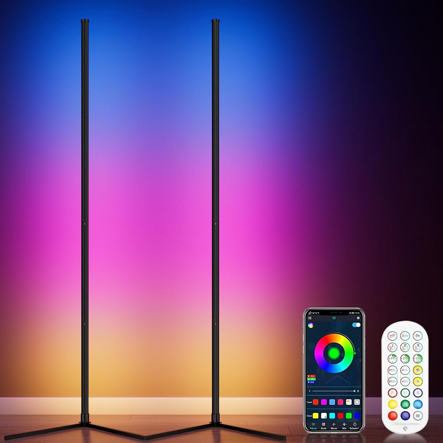 2PCS RGB Corner Floor Lamp, 64.5 RGB Color Changing Mood Light Bluetooth APP and Remote Control Music Sync LED 398 Dimmable Modes Modern Floor Lamp for Living Room, Light Timing