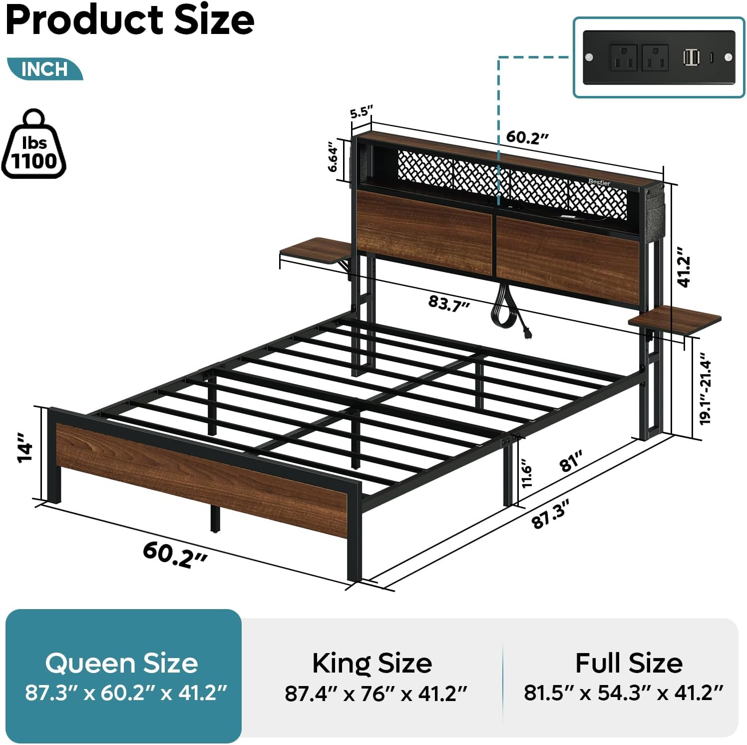 Bestier King Size Bed Frame with Headboard and Foldable Bedside Shelves Storage, LED Platform Bed Frame with Charging Station, Non-Slip Metal Bed Frame, Noise-Free, Easy Assembly -Walnut