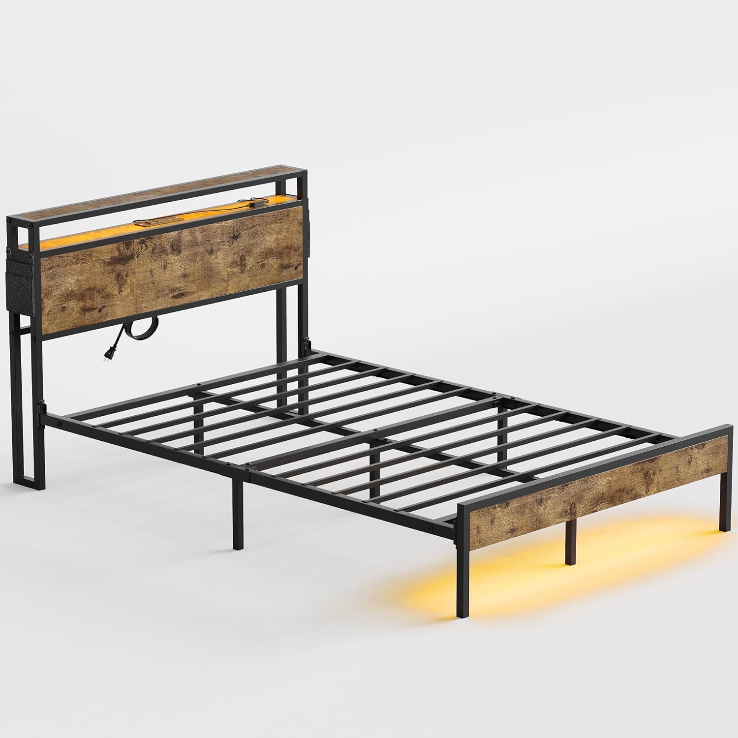 Bestier King Size Bed Frame with Headboard and Storage, Dual LED Platform Bed Frame with Chargin Station, Non-Slip Metal Bed Frame, Noise-Free, Easy Assembly