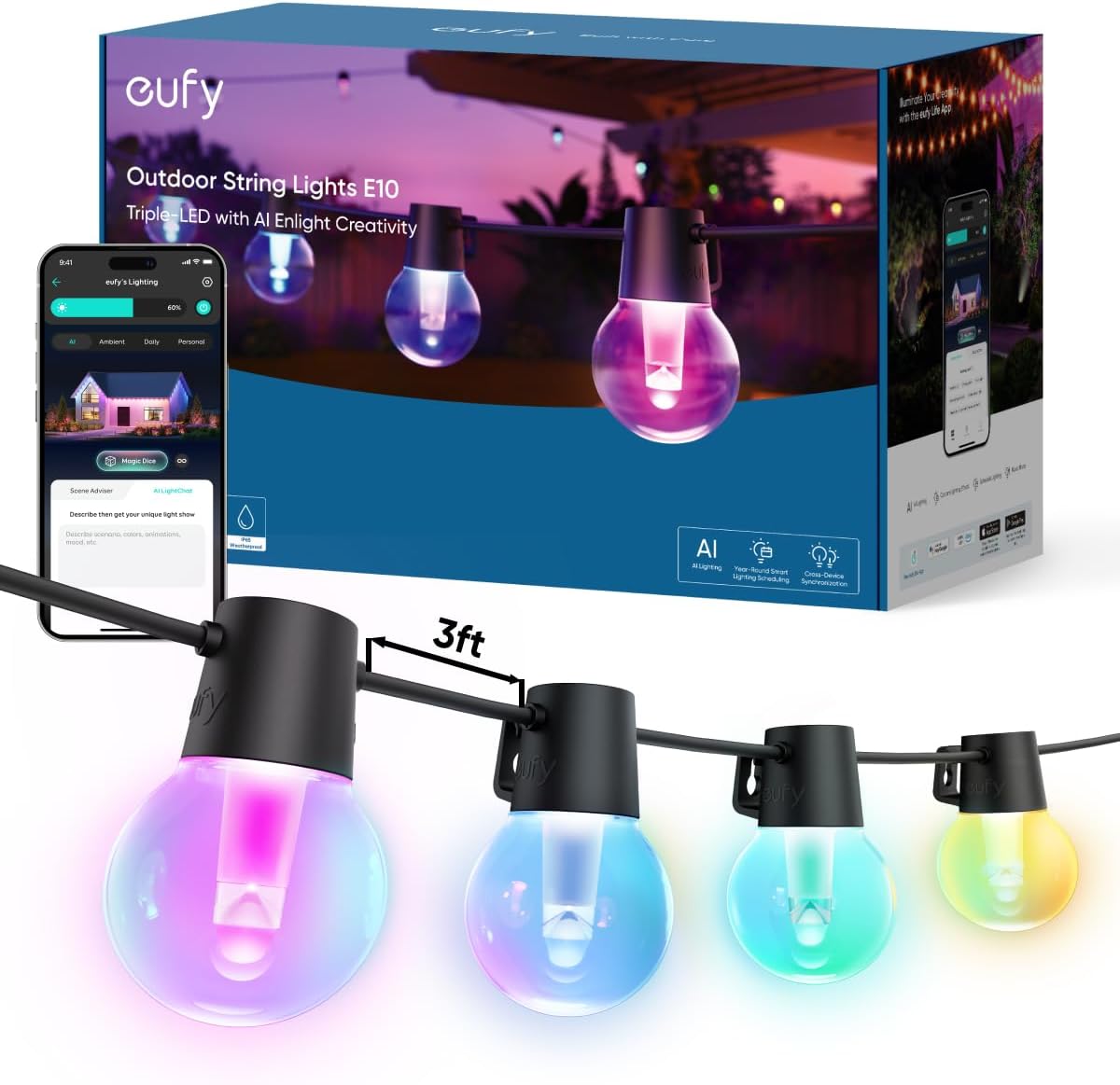 eufy Outdoor String Lights E10, 96ft with 30 Smart RGBWW LED Bulbs, Endless AI Light Themes for Christmas, Halloween, IP65 Waterproof for Patio, Fence, Balcony, Link with Cameras, Voice  App Control