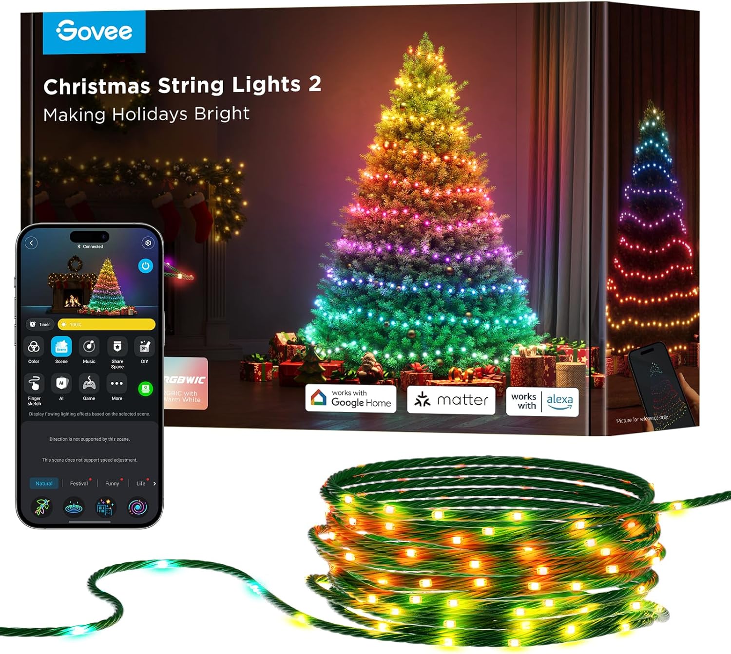 Govee Christmas Lights 2, RGBWIC 99FT 300LEDs Christmas Tree Lights with Shape Mapping Function, Smart Holiday String Lights for Christmas Decor, 130+ Preset Scenes, Voice and APP Control, Green Wire