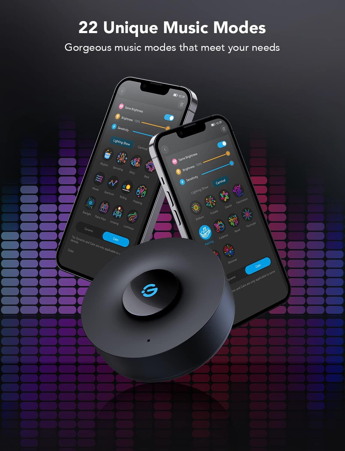 Govee Music Sync Box, Bluetooth Group Control 7 Devices, 22 Dynamic Music Modes, Battery Powered, USB Charged, Supports All Govee Smart Color Light Products