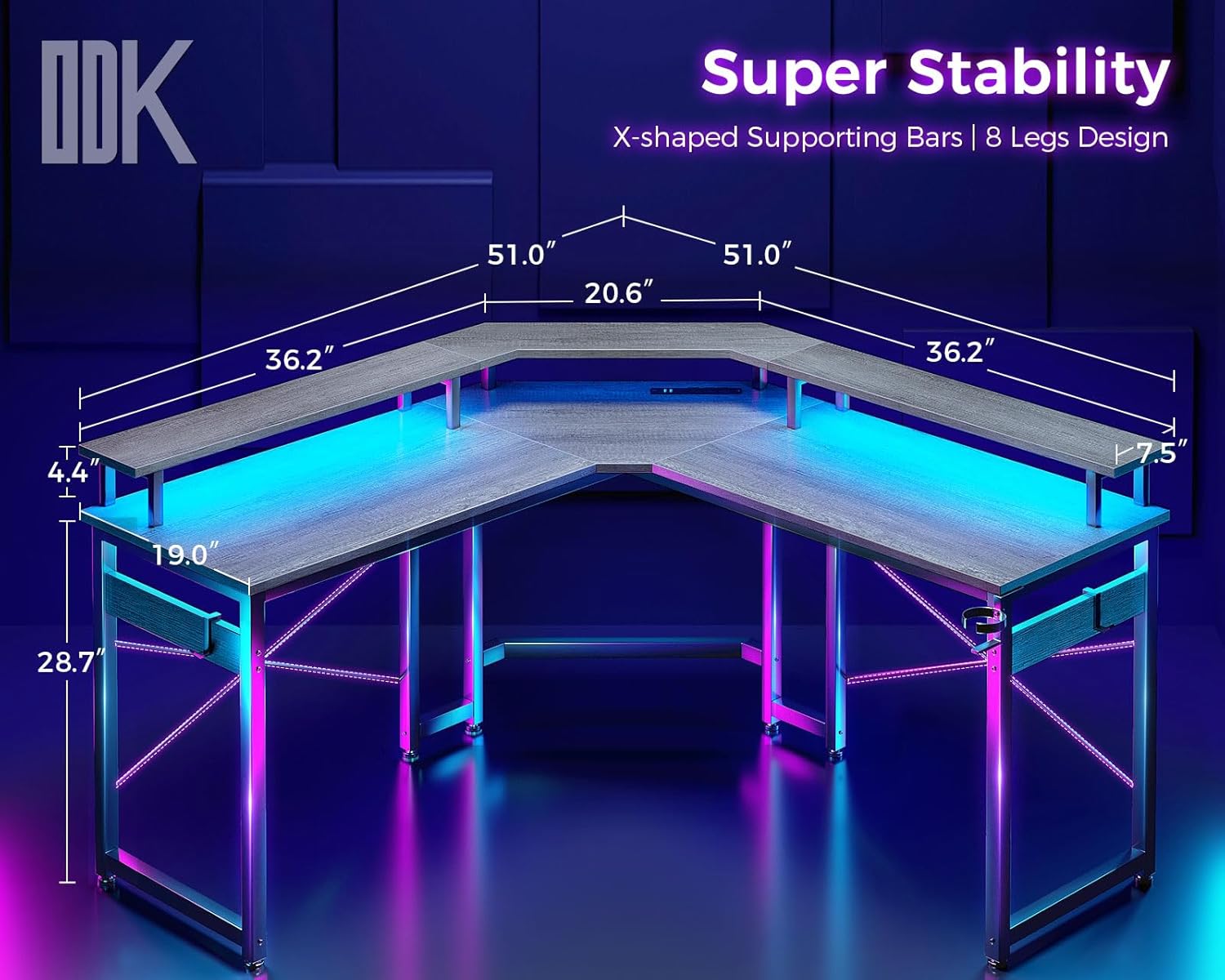 ODK L Shaped Gaming Desk with LED Lights  Power Outlets, 51 Computer Desk with Full Monitor Stand, Corner Desk with Cup Holder, Gaming Table with Hooks, Black