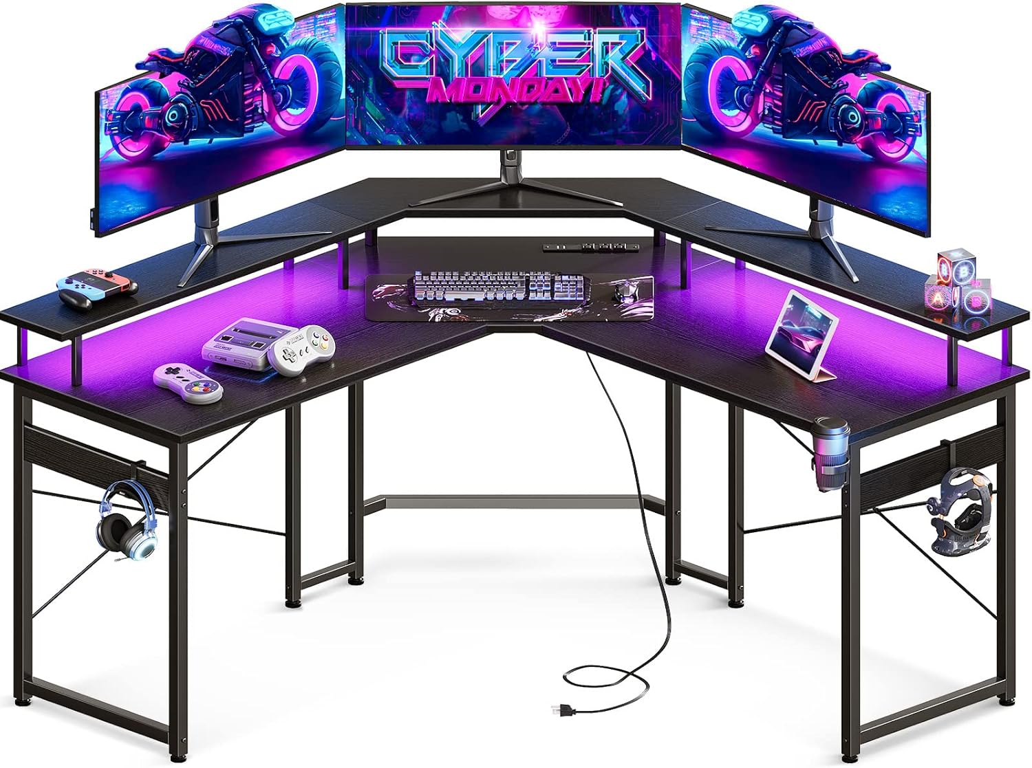 ODK L Shaped Gaming Desk with LED Lights  Power Outlets, 51 Computer Desk with Full Monitor Stand, Corner Desk with Cup Holder, Gaming Table with Hooks, Black