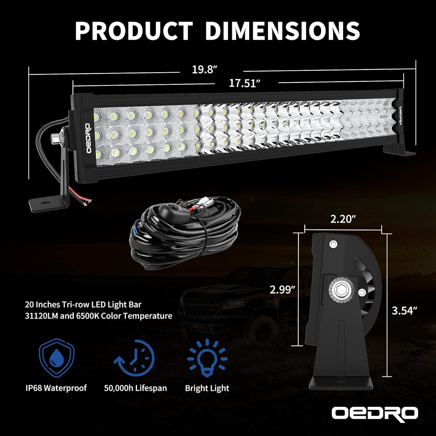 OEDRO 22Inch LED Light Bar Curved 520W Triple Rows Work Light Spot Flood Combo Driving Lighting Off Road Fog Lamps with Wiring Harness for Jeep Truck Pickup 4x4 4WD SUV ATV UTV Boat