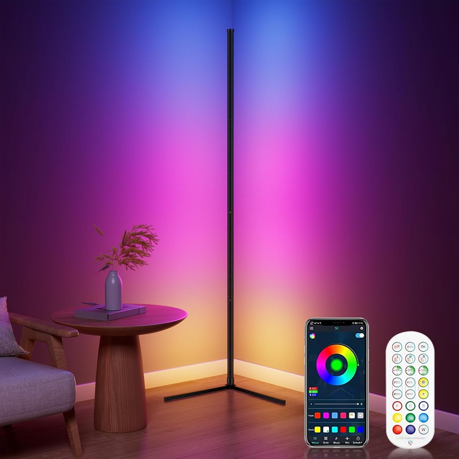 RGB Corner Floor Lamp, Bluetooth APP and Remote Control Music Sync LED Modern Floor Lamp for Living Room, Light Timing, 398 Dimmable Modes, 64.5 RGB Color Changing Mood Lighting