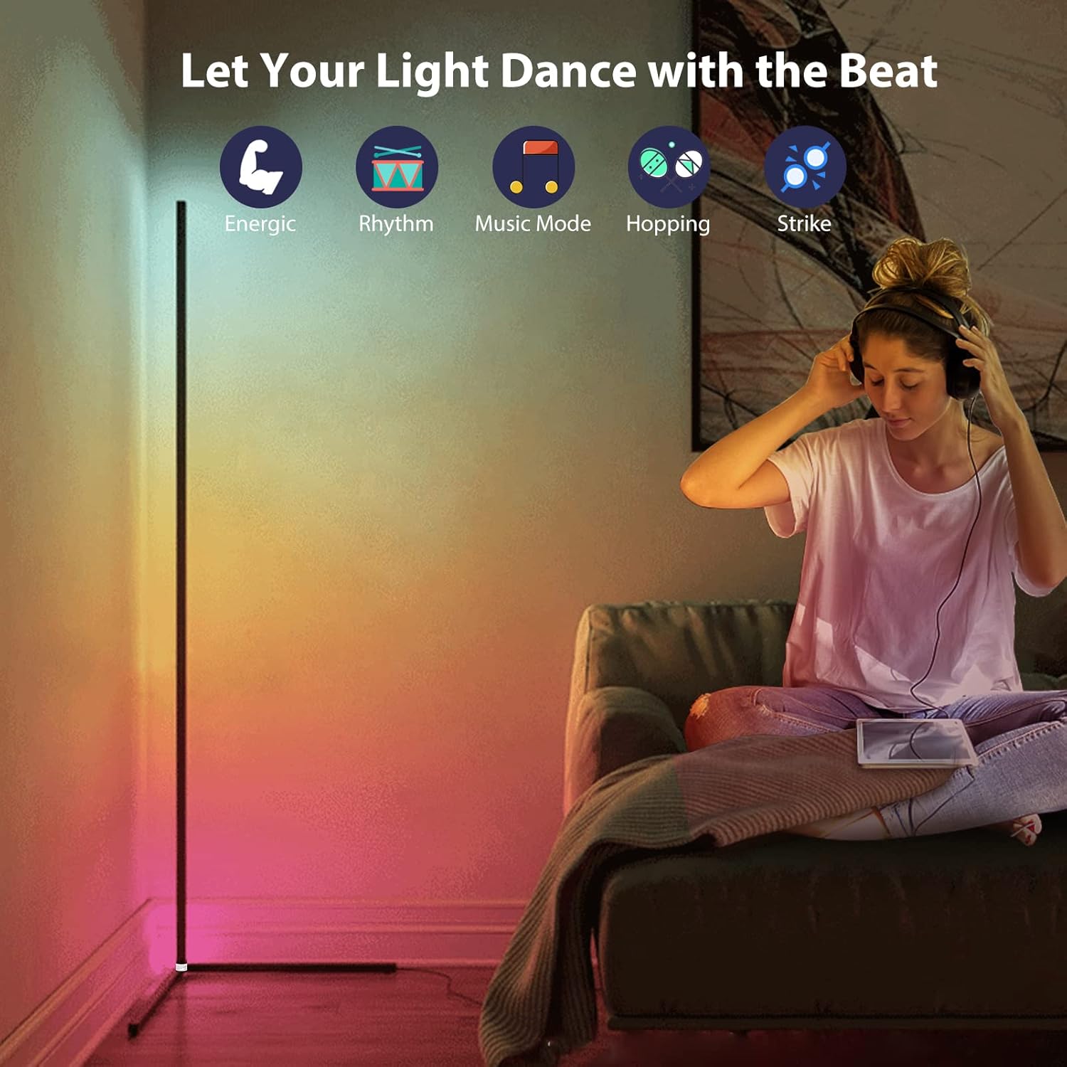 RGB Corner Floor Lamp, Bluetooth APP and Remote Control Music Sync LED Modern Floor Lamp for Living Room, Light Timing, 398 Dimmable Modes, 64.5 RGB Color Changing Mood Lighting