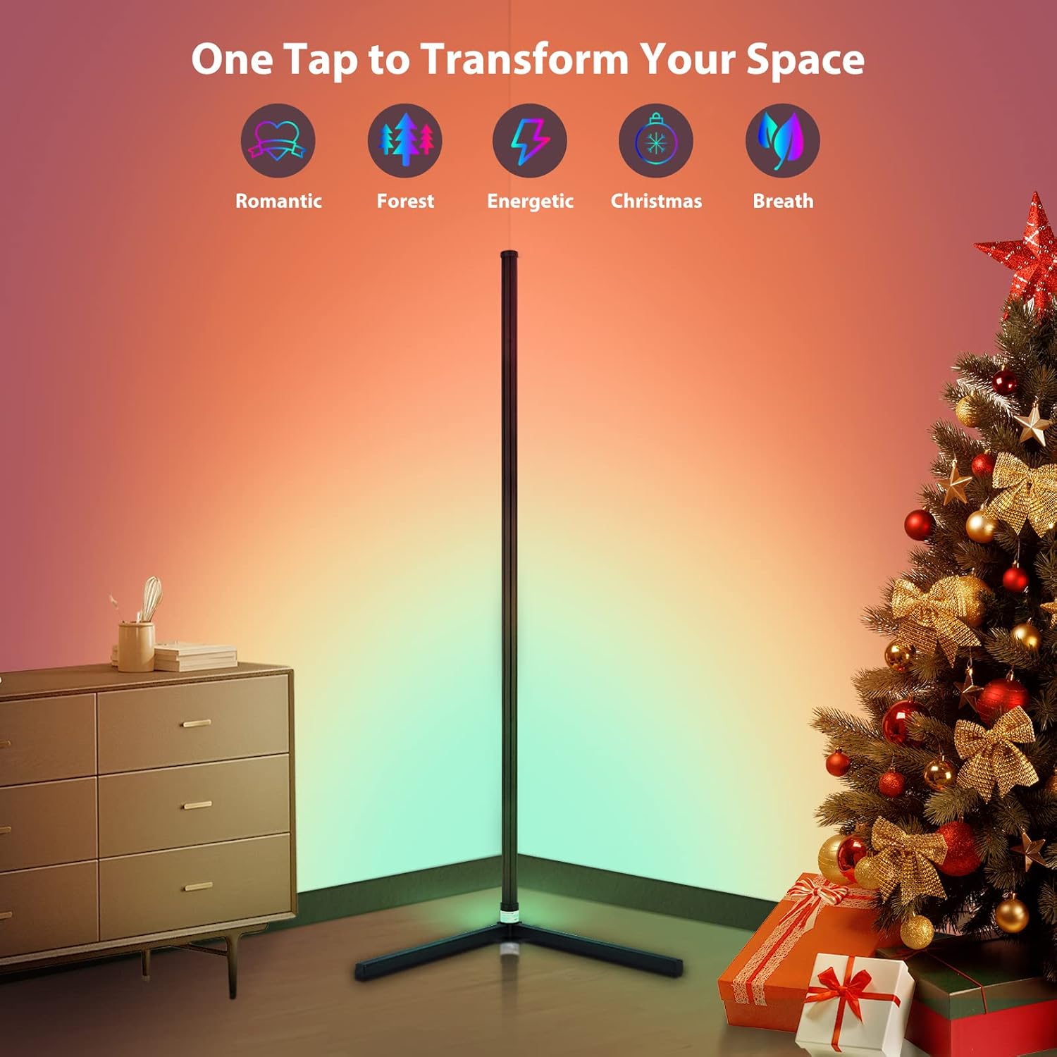 RGB Corner Floor Lamp, Bluetooth APP and Remote Control Music Sync LED Modern Floor Lamp for Living Room, Light Timing, 398 Dimmable Modes, 64.5 RGB Color Changing Mood Lighting