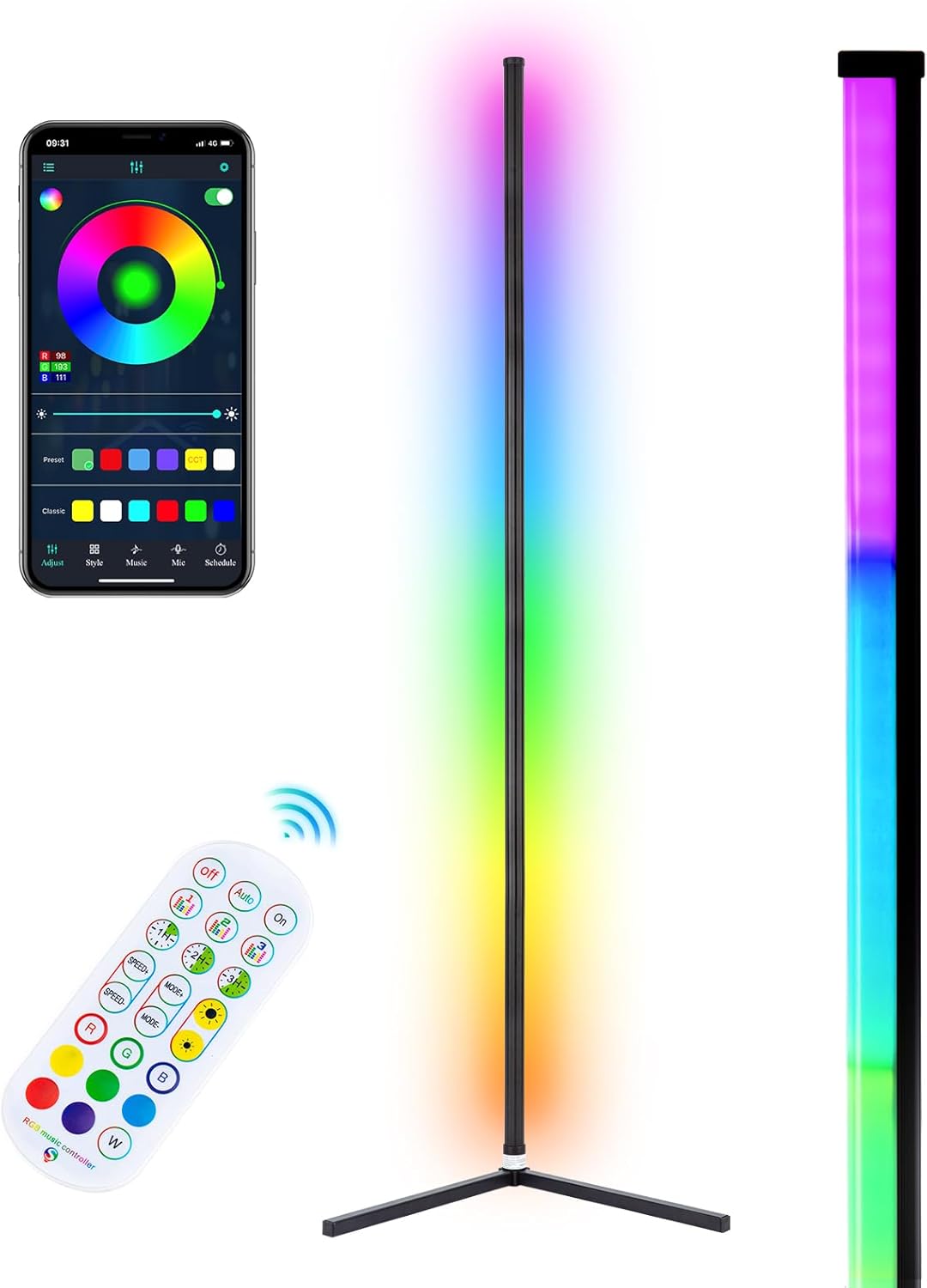 RGB Corner Floor Lamp, Bluetooth APP and Remote Control Music Sync LED Modern Floor Lamp for Living Room, Light Timing, 398 Dimmable Modes, 64.5 RGB Color Changing Mood Lighting