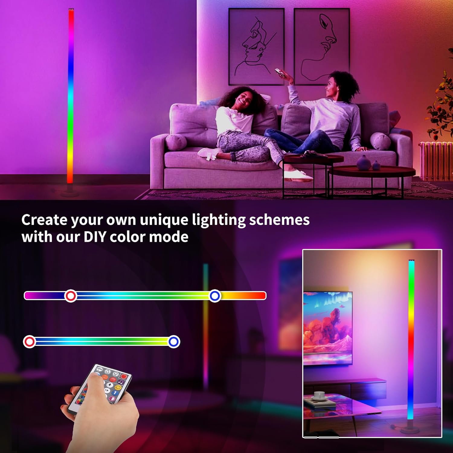 SKYLAR 59 LED Corner Floor Lamp | RGB Floor Lamp with Remote Control, 5 Music Sync Modes | 16 Million Colors, Color-Changing Standing Lamp, Easy Assembly