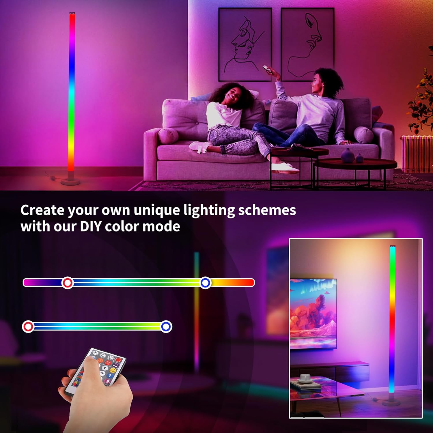 SKYLAR 59 LED Corner Floor Lamp | RGB Floor Lamp with Remote Control, 5 Music Sync Modes | 16 Million Colors, Color-Changing Standing Lamp, Easy Assembly