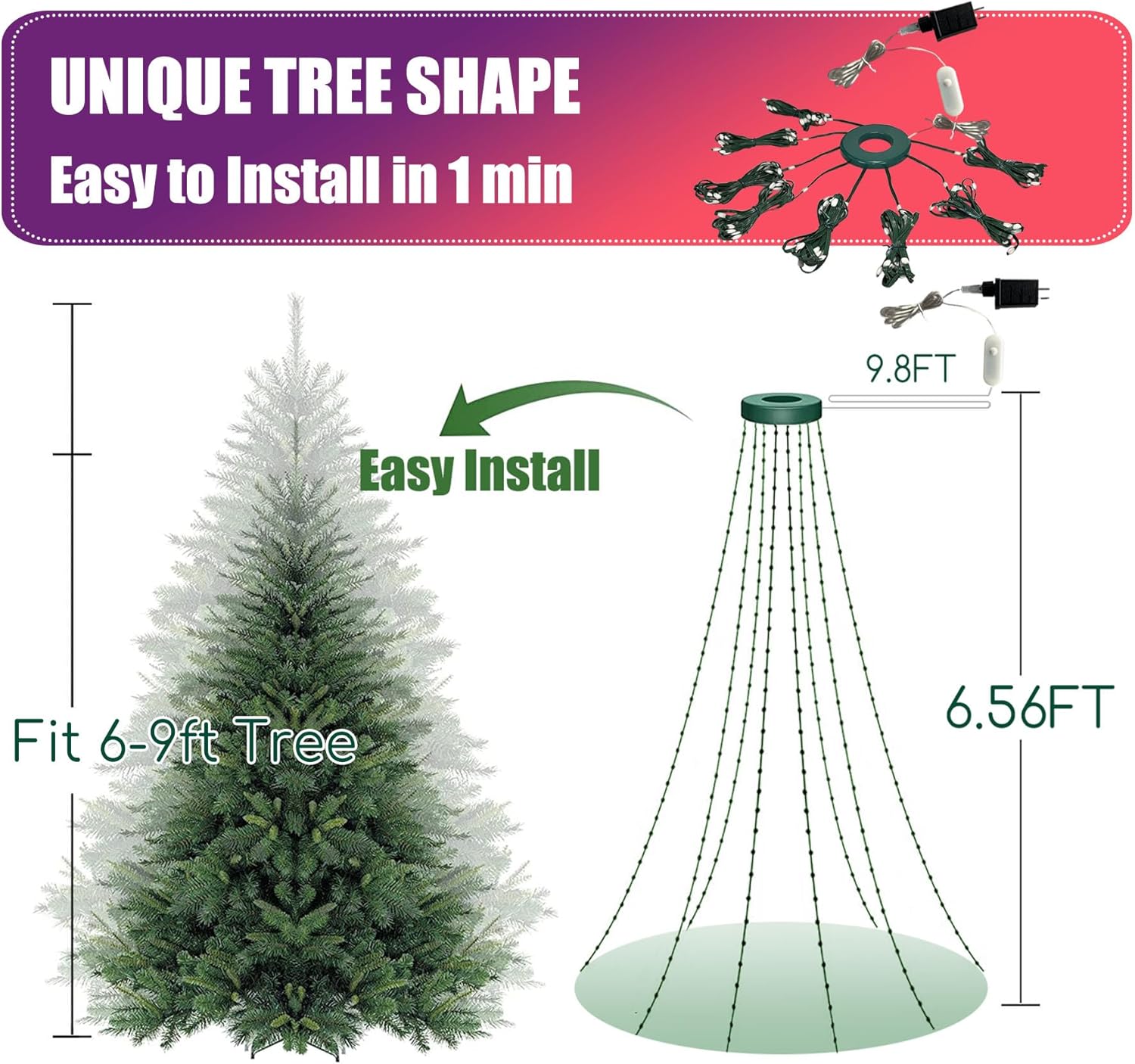 Smart Christmas Tree Lights, 6.5FT×8 Drop Line,22 Modes Multi Color Changing LED Lights with APP Control  Remote Control Timer, Indoor Outdoor Christmas Tree Fairy String Lights Xmas Party Decoration