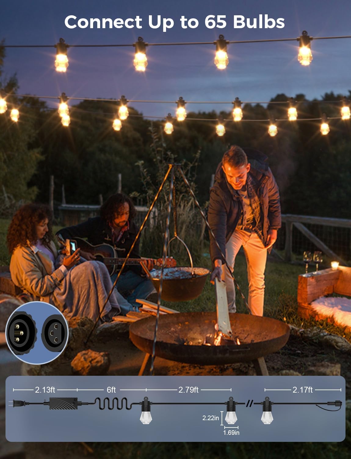 XMCOSY+ 48FT Smart Outdoor String Lights - RGBCWIC Dimmable Acrylic Bulbs, Color Changing LED Patio Lights APP WiFi Control, Work with Alexa, IP65 Waterproof Outside Lights for Yard Porch