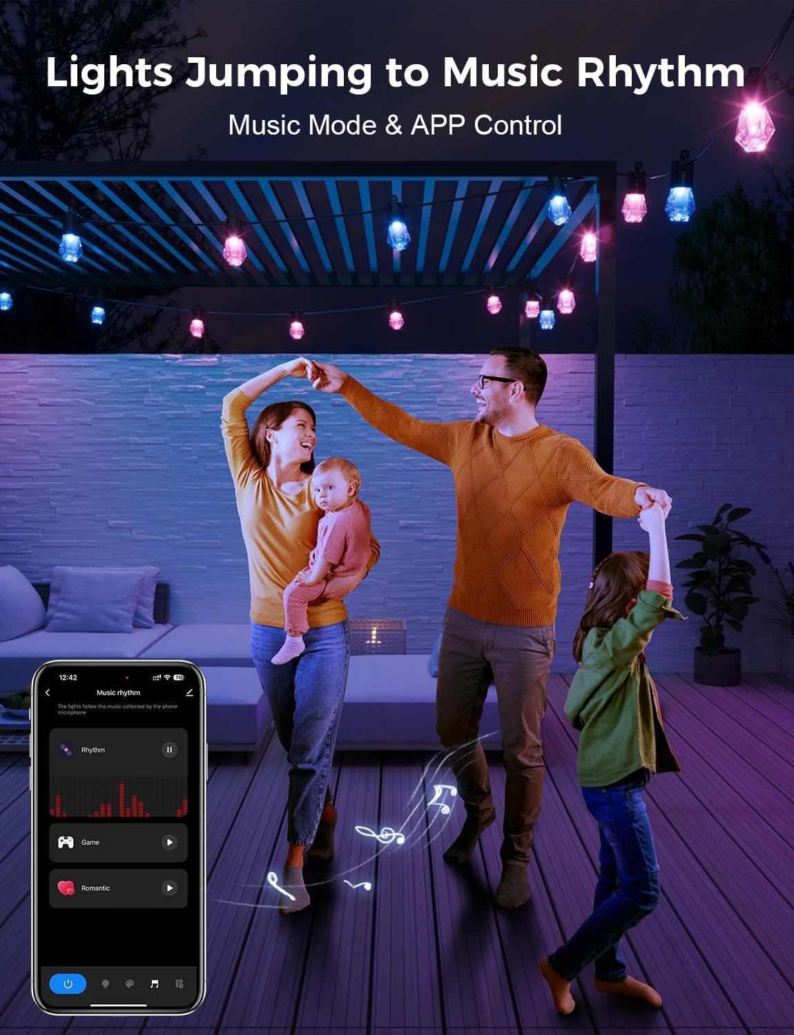 XMCOSY+ 48FT Smart Outdoor String Lights - RGBCWIC Dimmable Acrylic Bulbs, Color Changing LED Patio Lights APP WiFi Control, Work with Alexa, IP65 Waterproof Outside Lights for Yard Porch