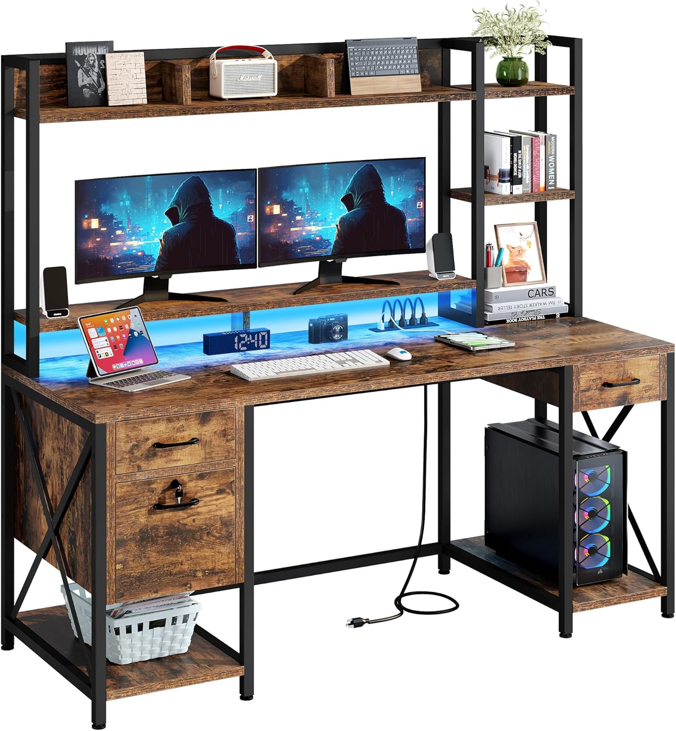 YITAHOME Computer Desk with Drawers  Power Outlets, 59 Home Office Desk with Hutch, Gaming Desk with LED Lights, Rustic Brown